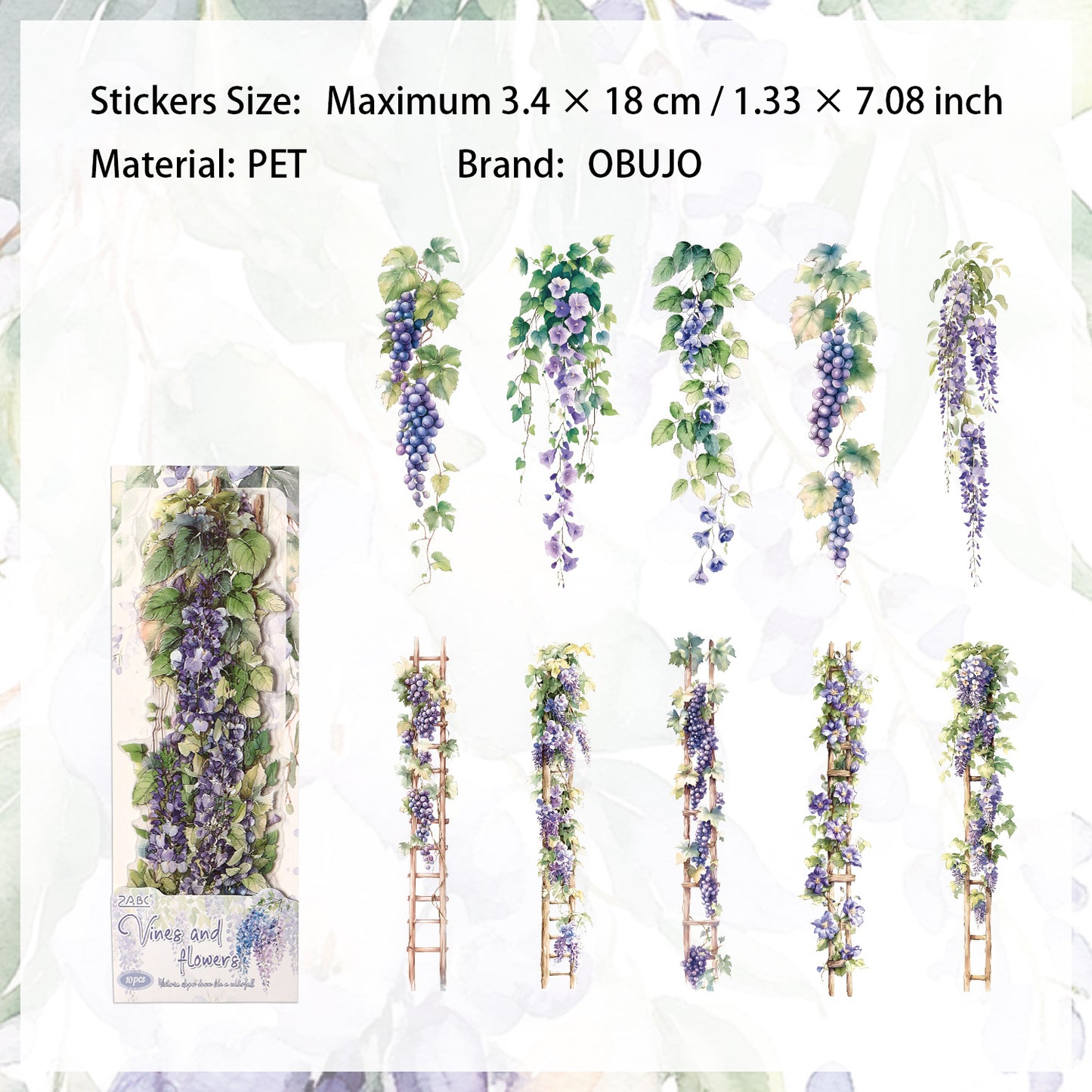 10 Pcs Flower Vine PET Stickers TQHX