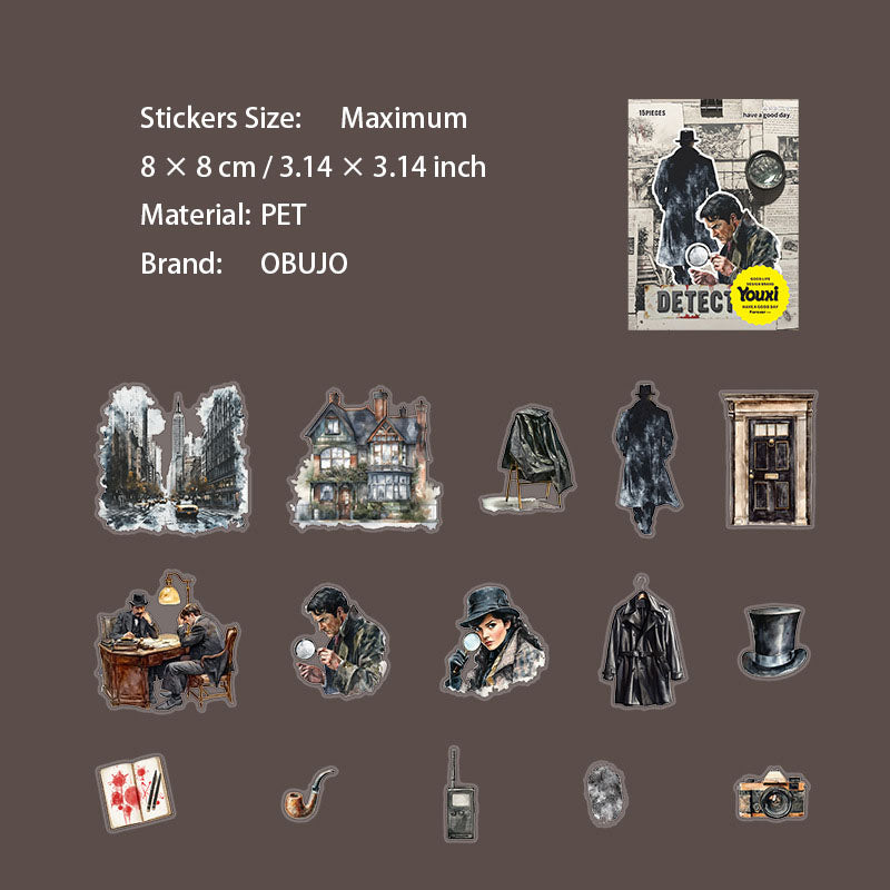 15 Pcs Detective Themed PET Stickers FEMSRZ
