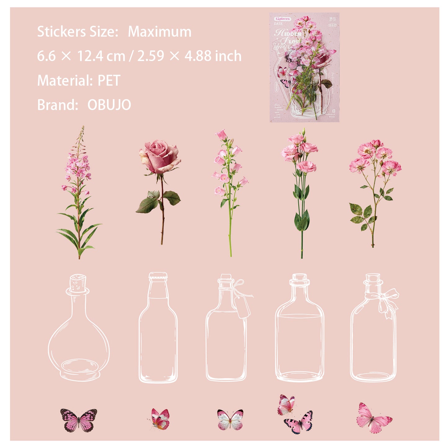 15 Pcs Flower Bottle PET Stickers CHRM