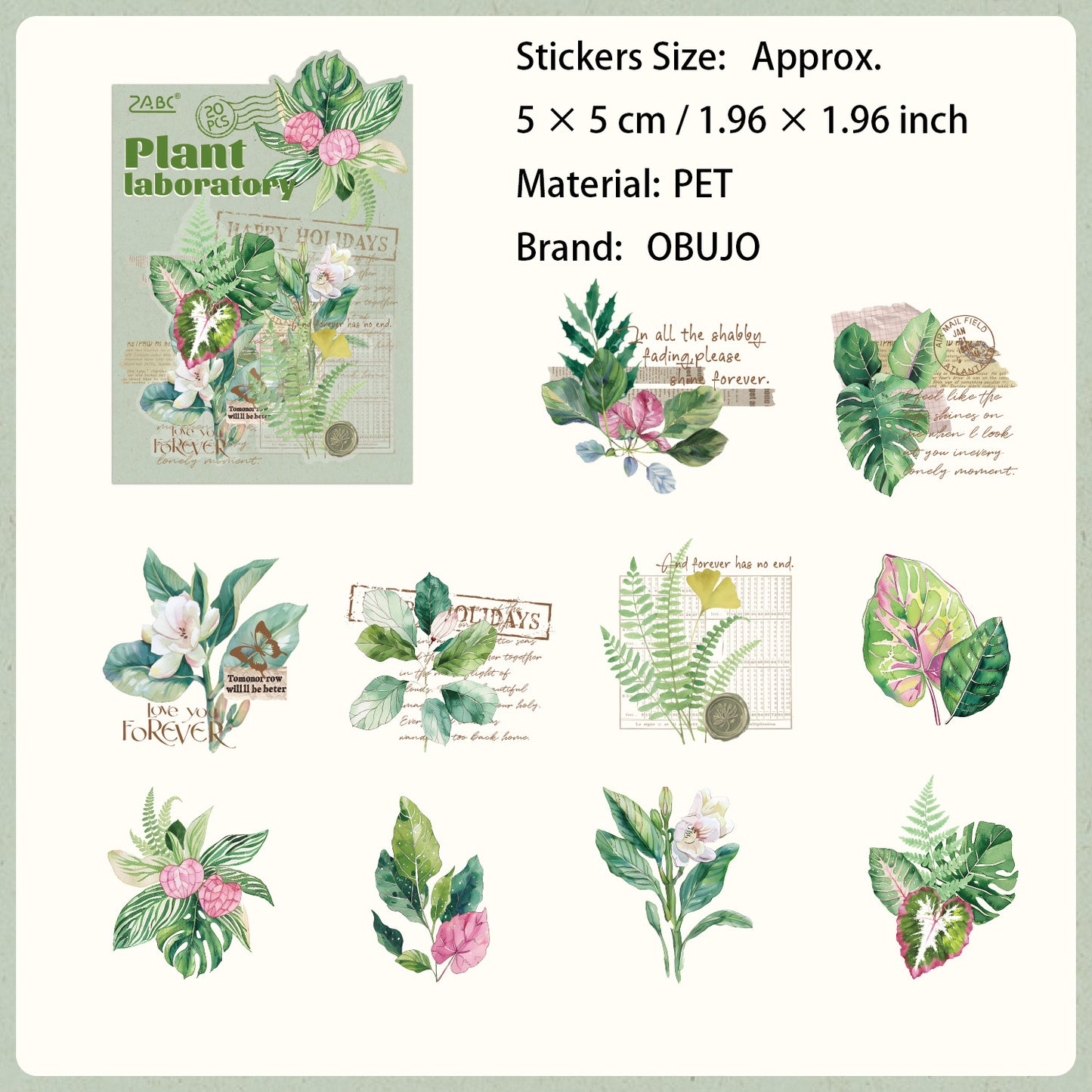 20 Pcs Green Leaf Collage PET Stickers ZWSYS