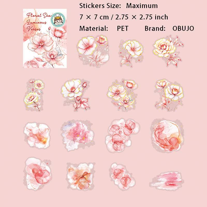 15 Pcs Glitter Watercolor Flower PET Stickers HYHZ