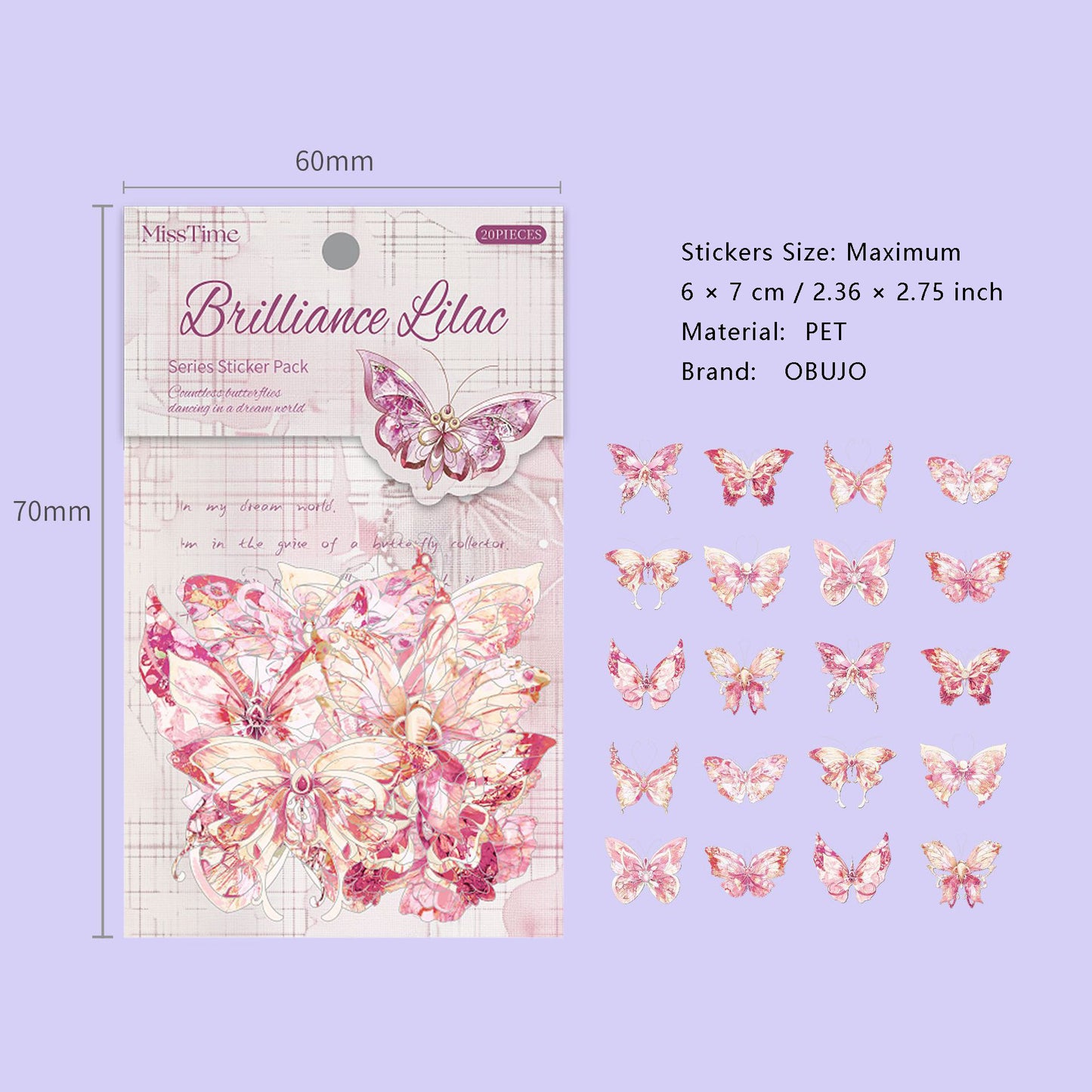 20 Pcs Shell Light Butterfly PET Stickers SYHD