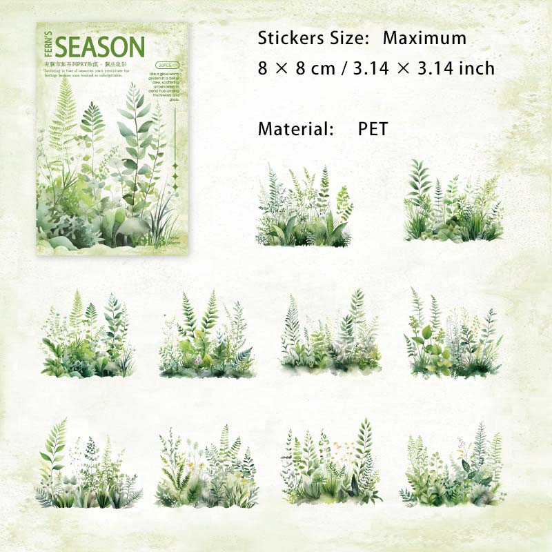 20 Pcs Green Plants Ferns PET Stickers QJCJ