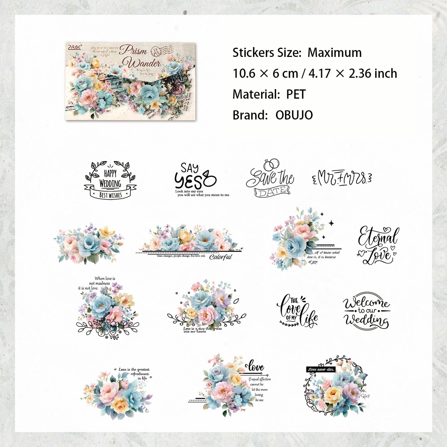 15 Pcs Flower and Words PET Stickers TYSY