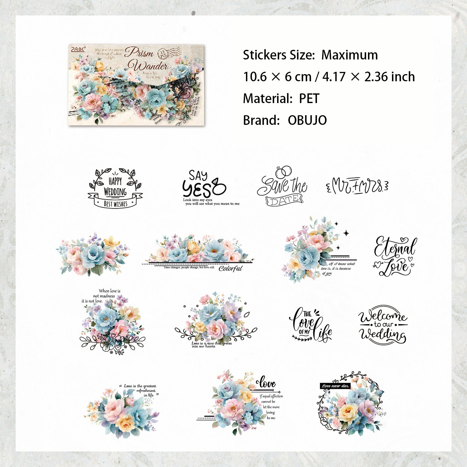 15 Pcs Flower and Words PET Stickers TYSY
