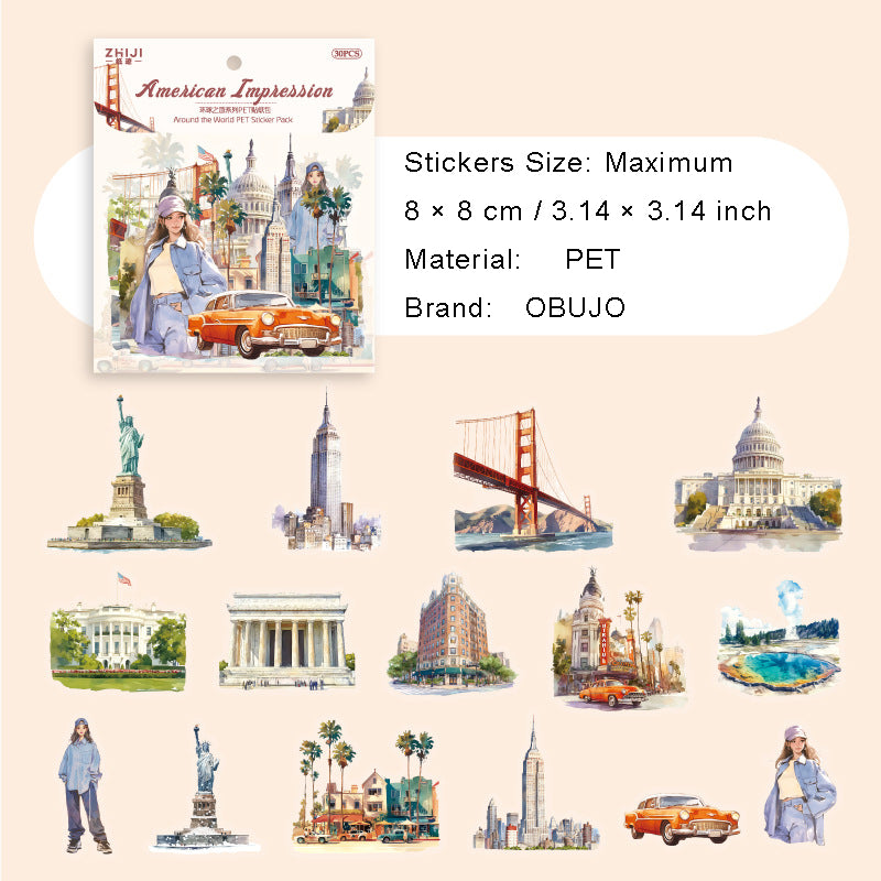30 Pcs Travel Theme PET Stickers HQZL