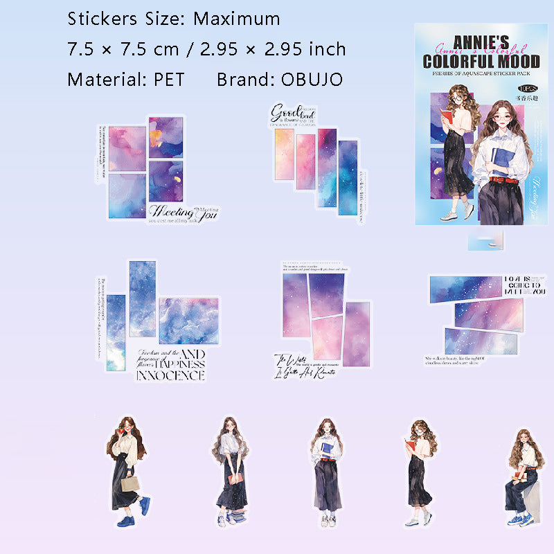 10 Pcs Watercolor Mood Girl PET Stickers ANBLXQ