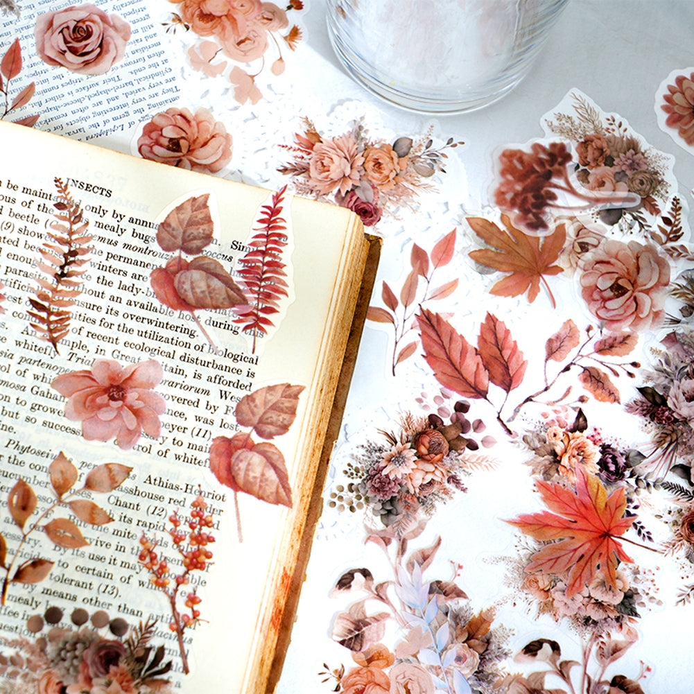 100 Pcs Watercolor Botanical Flowers Stickers - Autumn