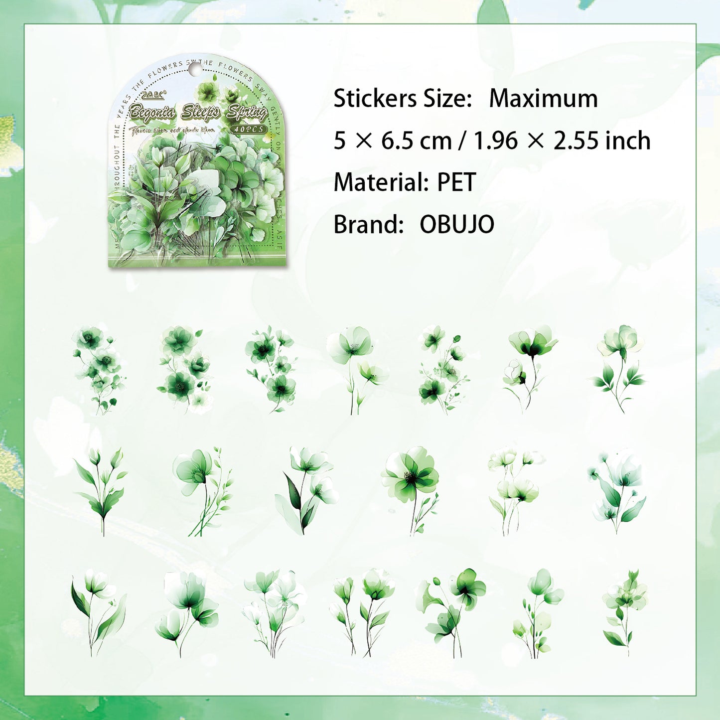 40 Pcs Watercolor Flower PET Stickers HKYS