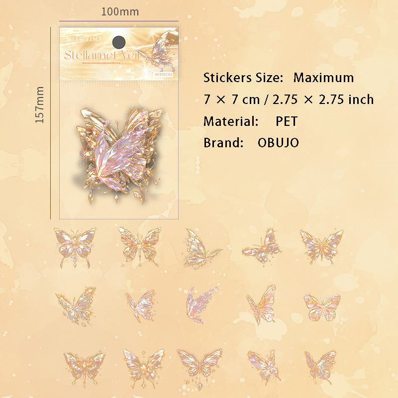 30 Pcs Shell Light Butterfly PET Stickers XMDL