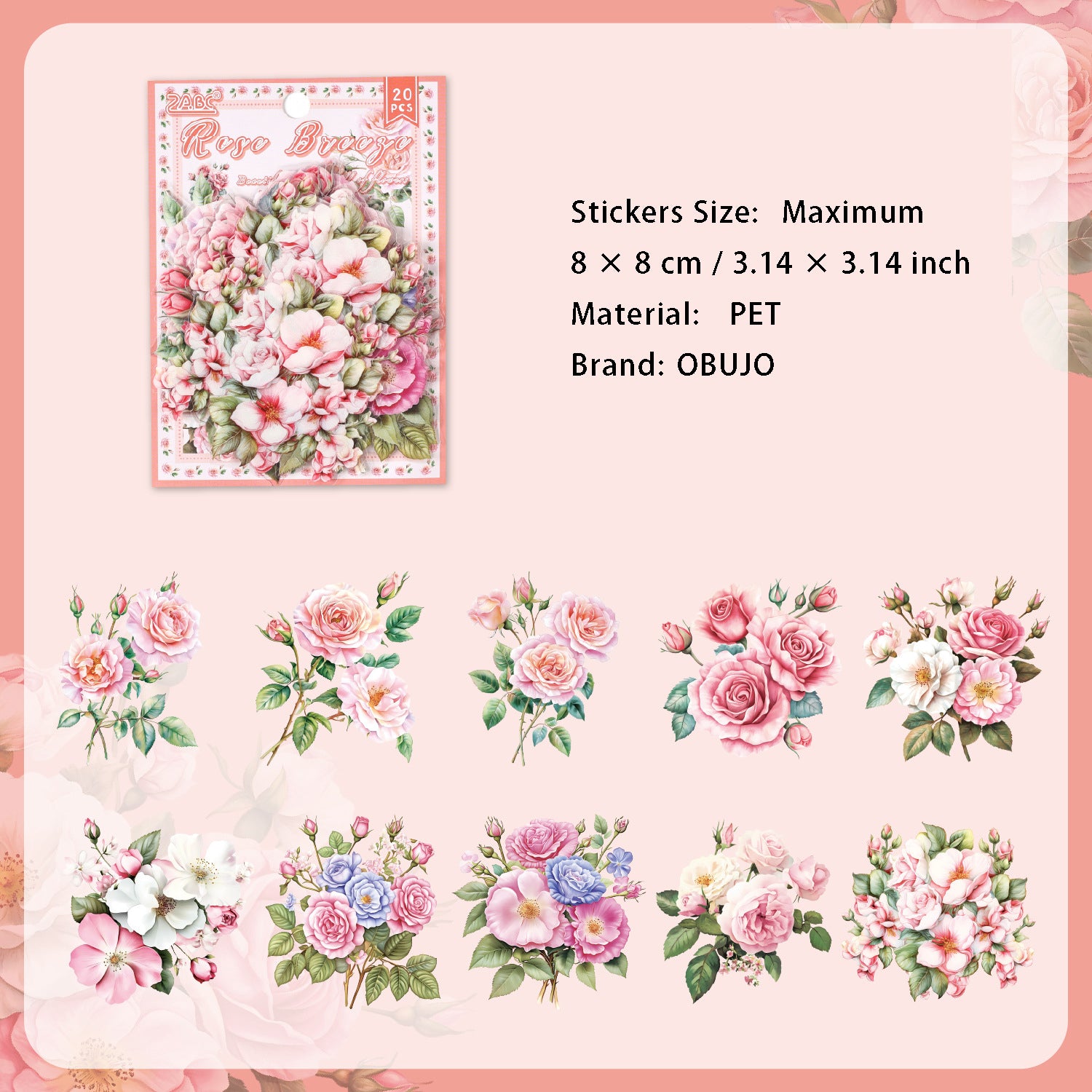 20 Pcs Pink Flower PET Stickers HMJJ