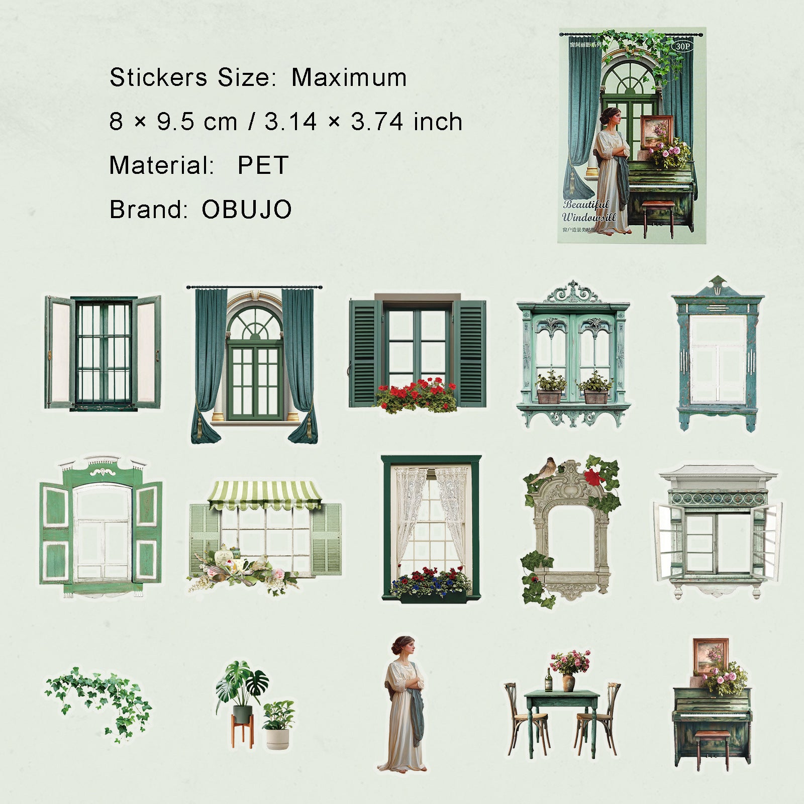 30 Pcs Vintage Window PET Stickers CJLY