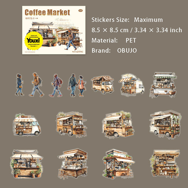 15 Pcs Coffee Theme PET Stickers KFJS