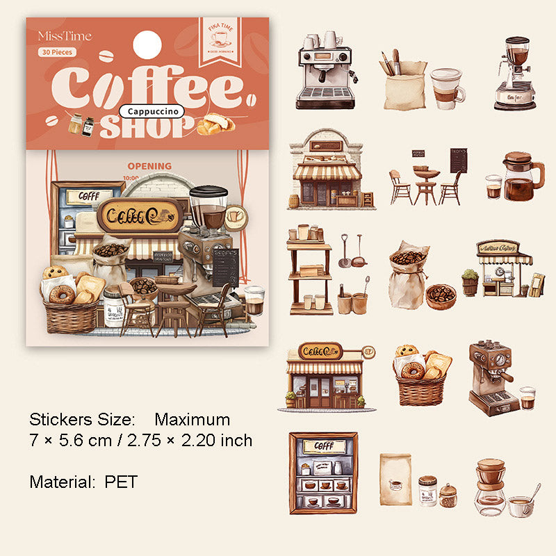 30 Pcs Coffee Shop Theme PET Stickers KFSD