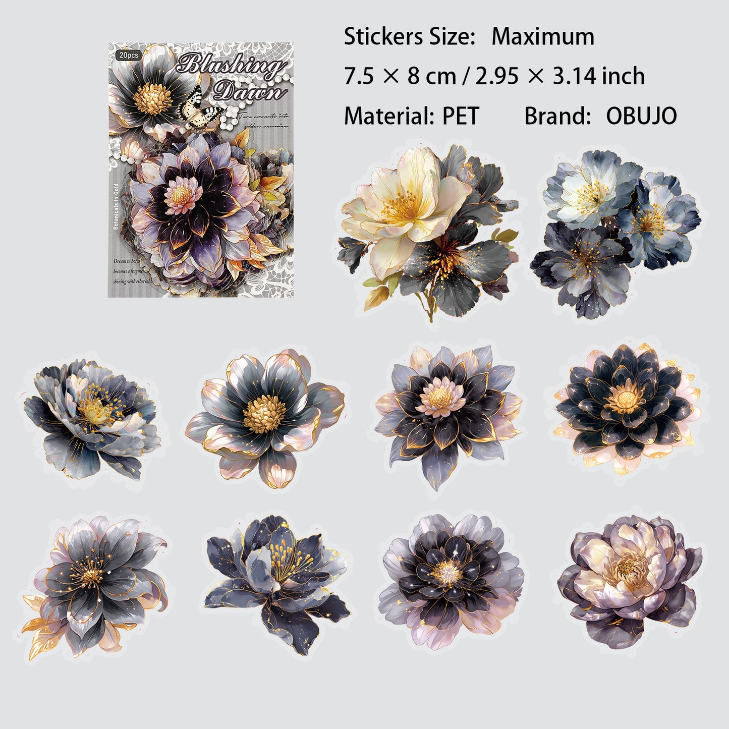 20 Pcs Gold Goil Flower PET Stickers LJHY