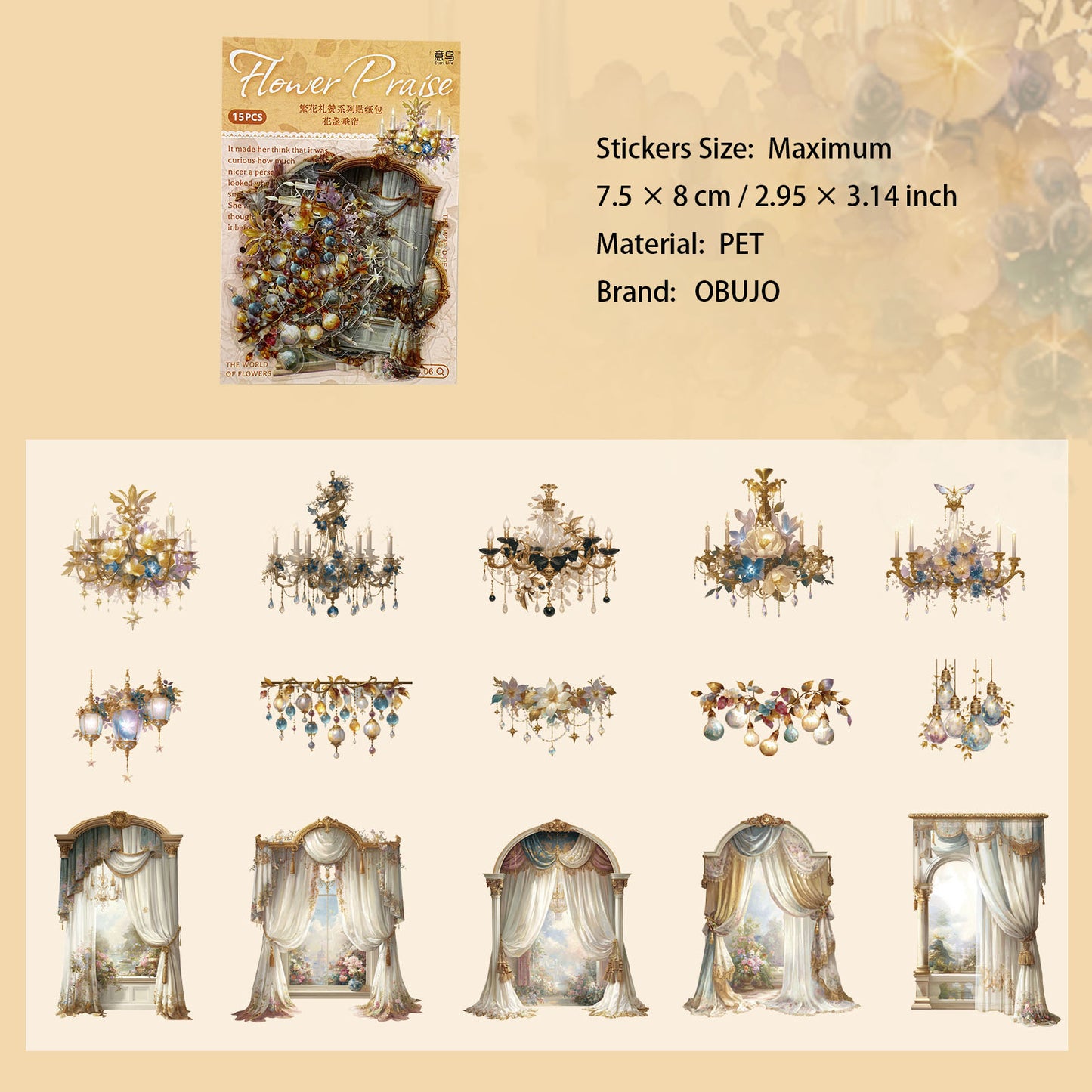 15 Pcs Floral Themed PET Stickers FHLZ