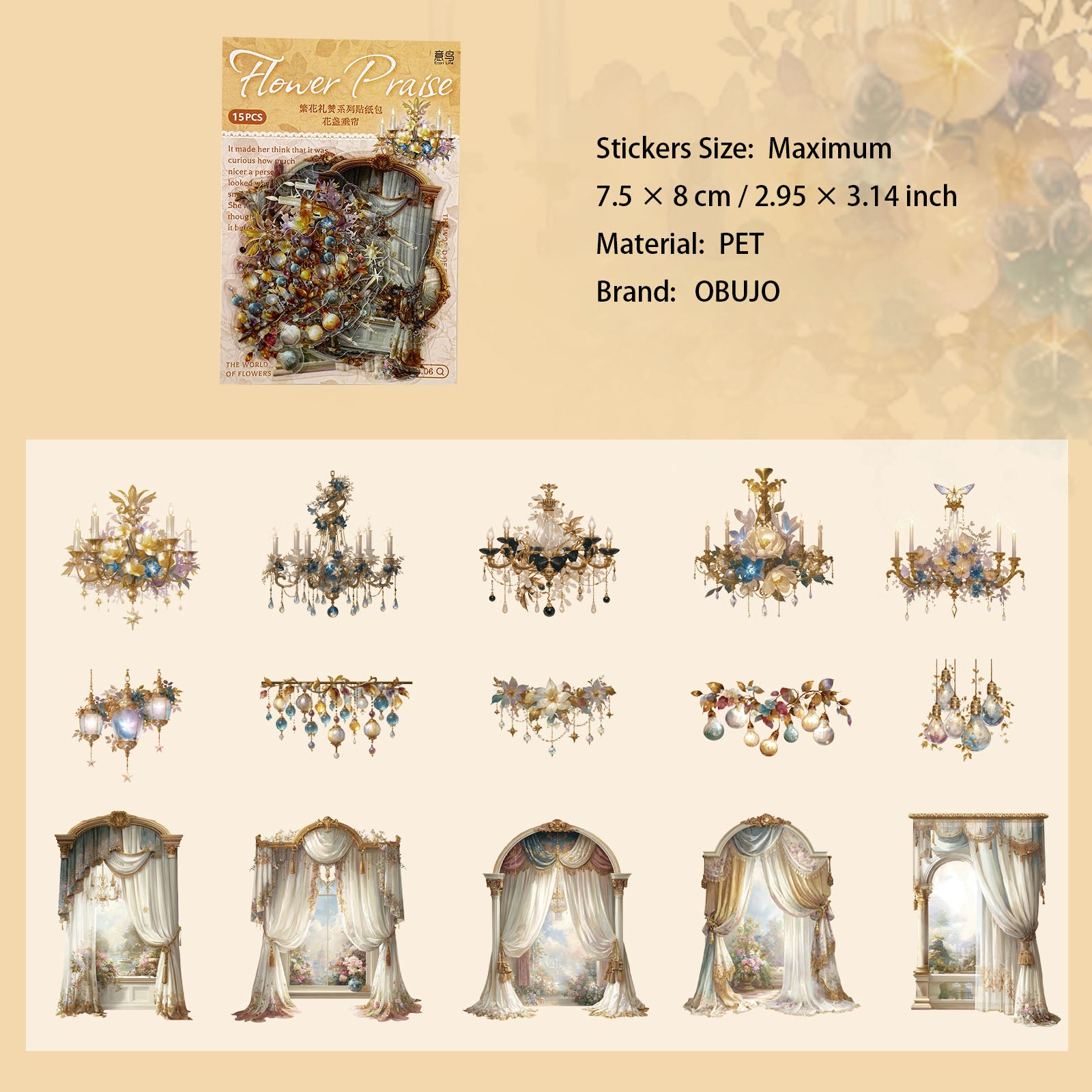 15 Pcs Floral Themed PET Stickers FHLZ