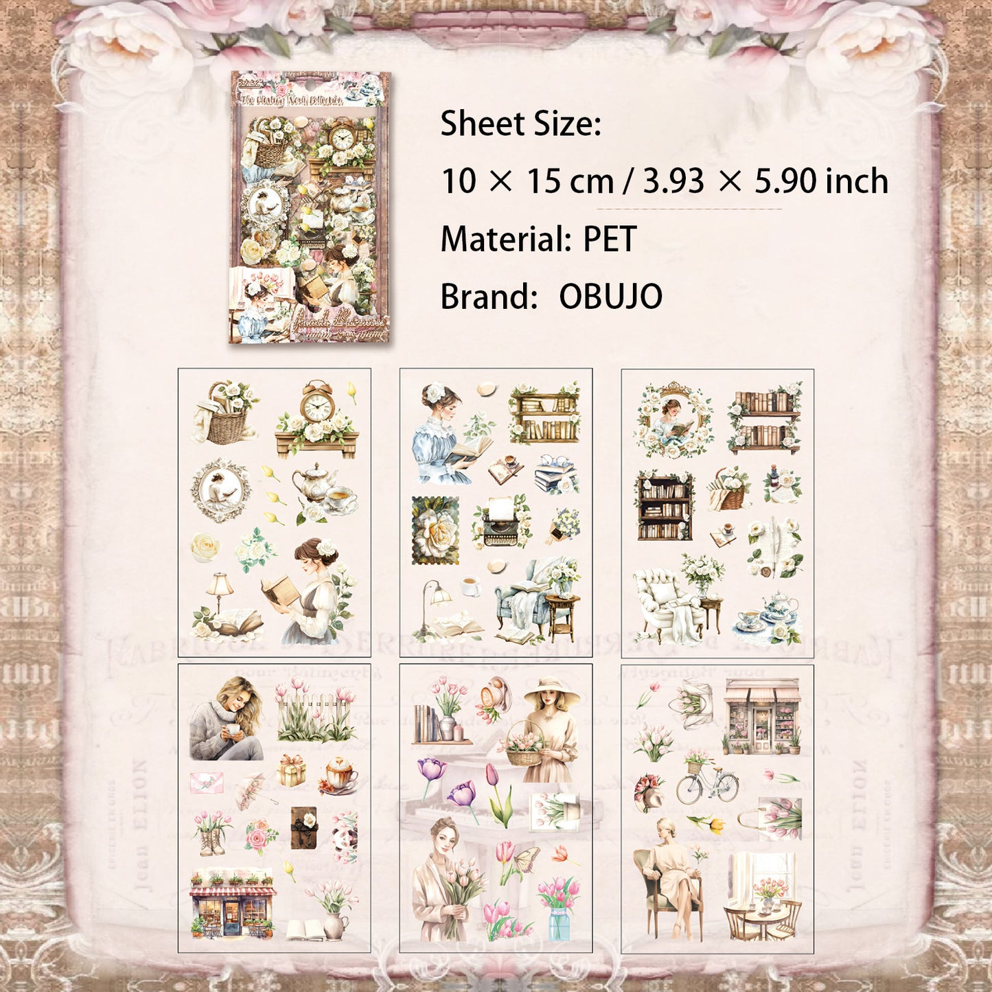 6 Sheets Vintage PET Stickers FSJC