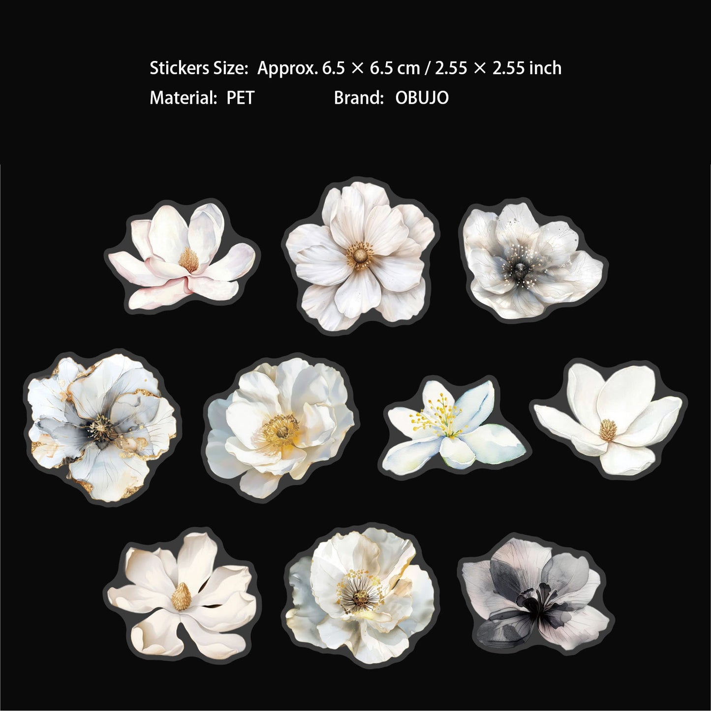 20 Pcs White Flower PET Stickers MYHP