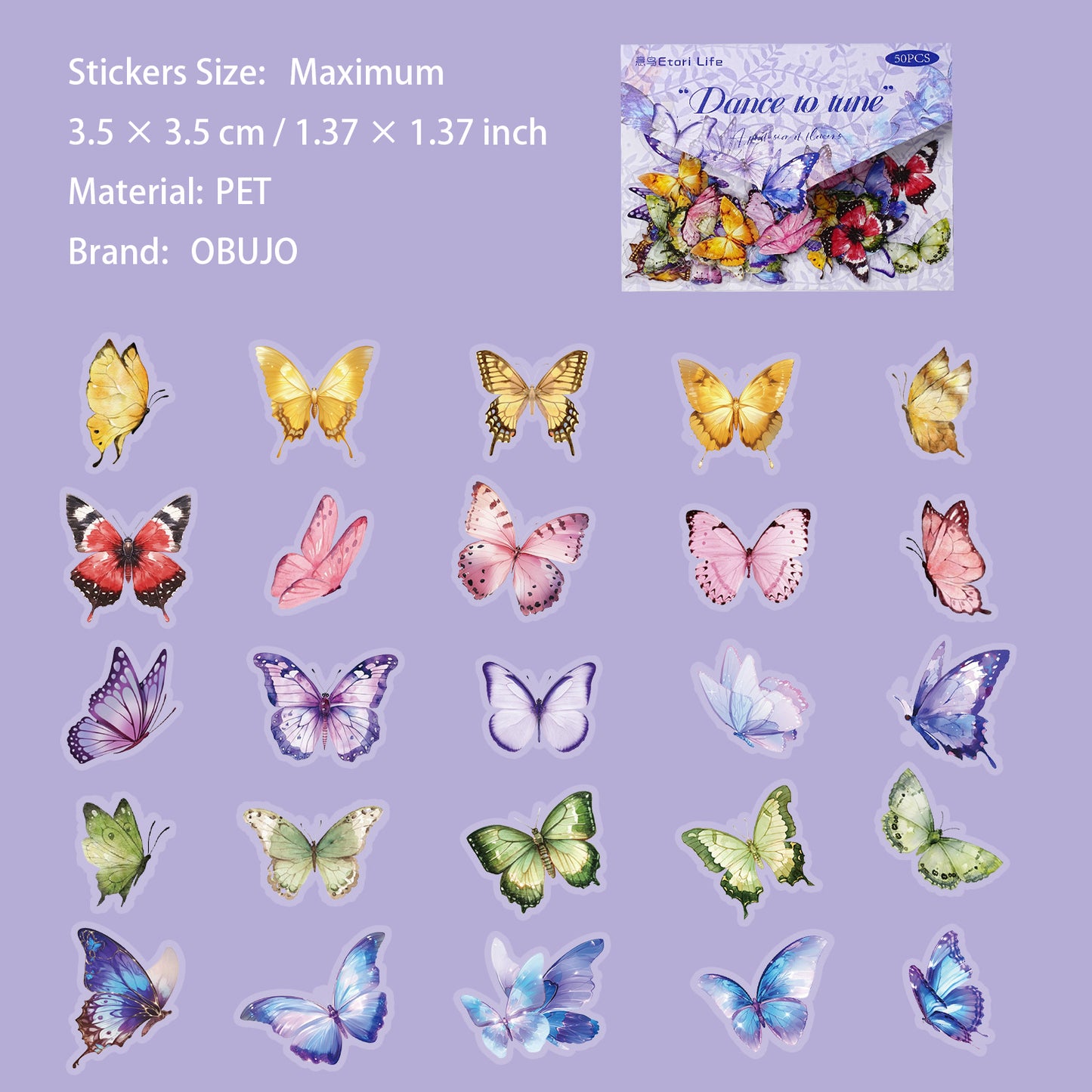 50 Pcs Flower Buttefly PET Stickers HSZDS