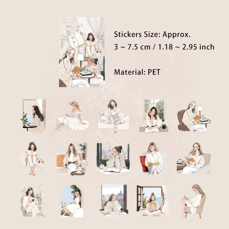 30 Pcs Reading Girl PET Stickers YYDSS