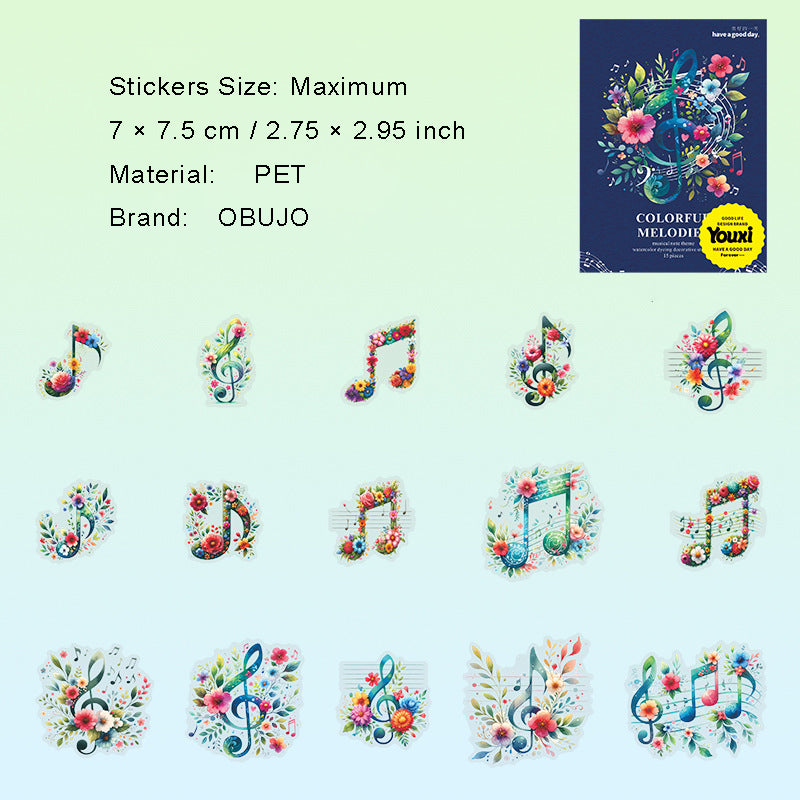 15 Pcs Watercolor Musical Notes PET Stickers CSXL