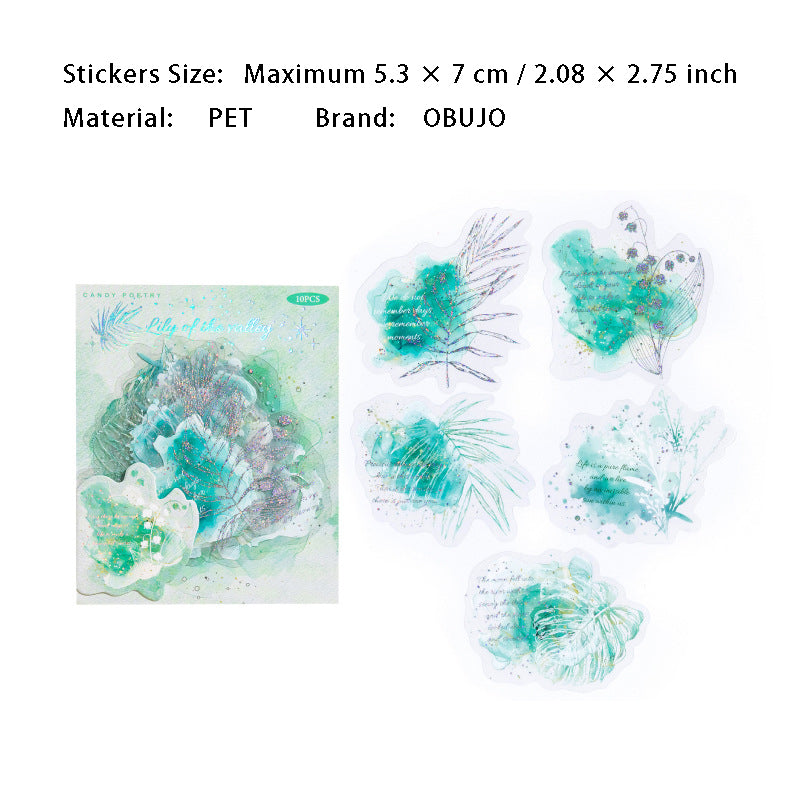 10 Pcs Watercolor Flower PET Stickers LGHP