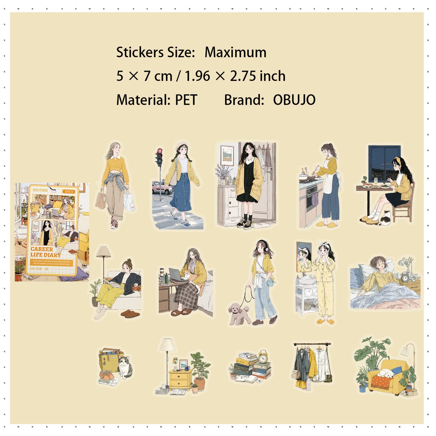 15 Pcs Daily Girl PET Stickers ZCXX