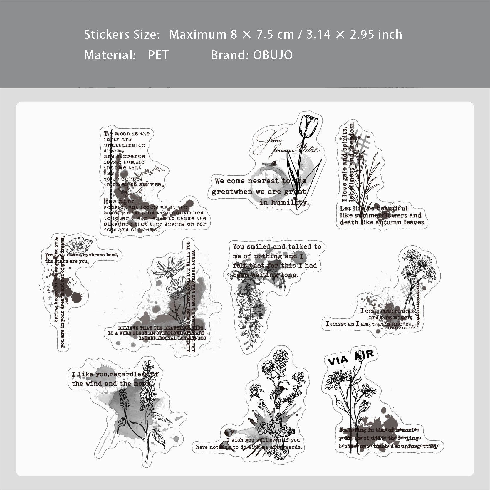 20 Pcs Ink and Quote PET Stickers MRXL