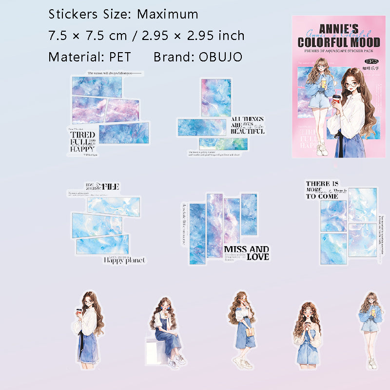 10 Pcs Watercolor Mood Girl PET Stickers ANBLXQ