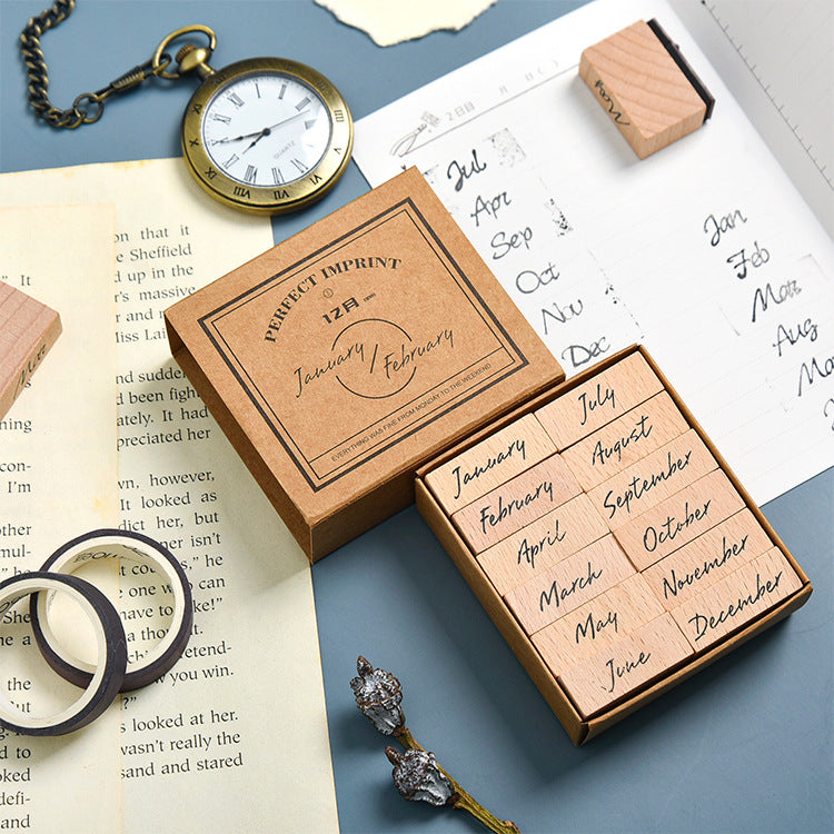 Fluent Script 12 Months Wooden Stamp Set
