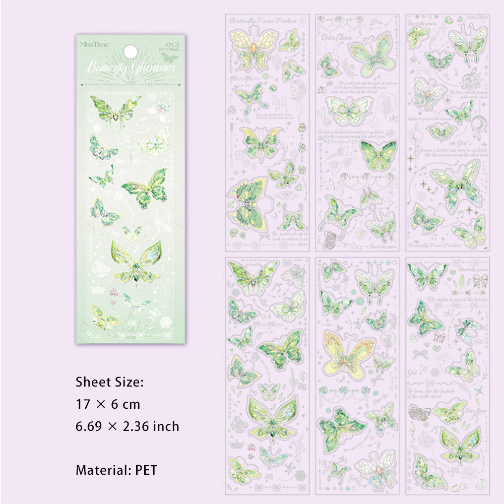 6 Sheet Glitter PET Butterfly Stickers DYLG