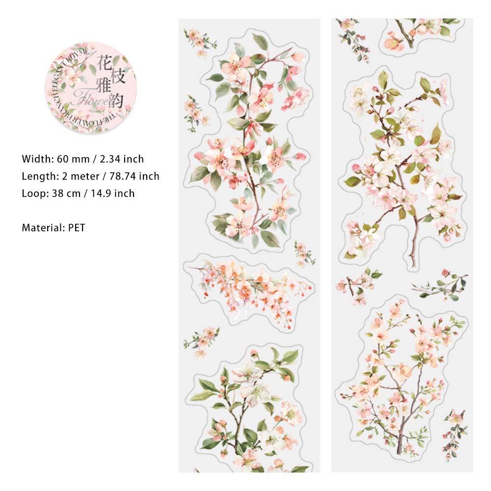 1 Roll Pre-cut Flower Branches PET Stickers Tape HZYY