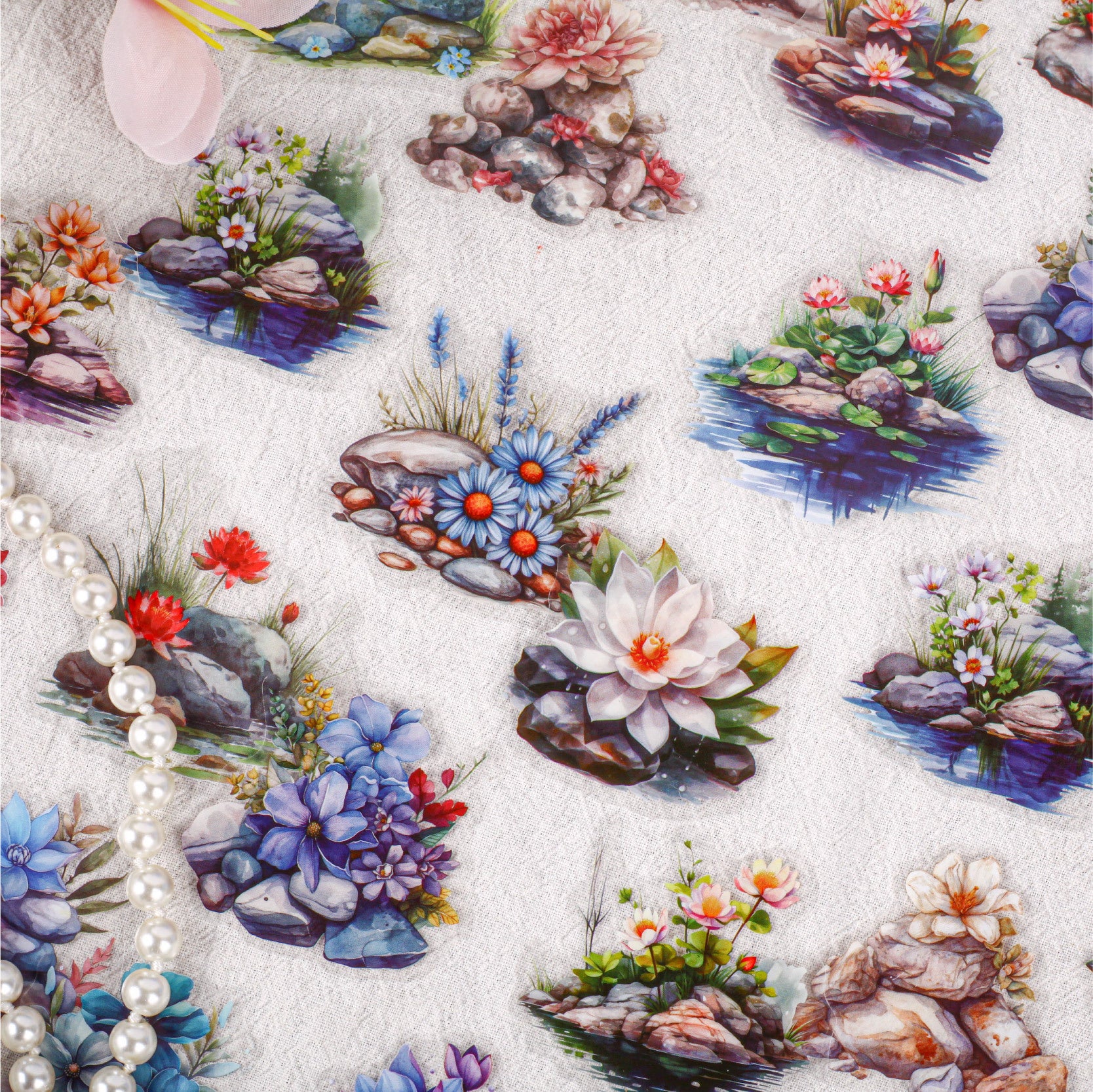 16 Pcs Flower and Stone PET Stickers LJHX