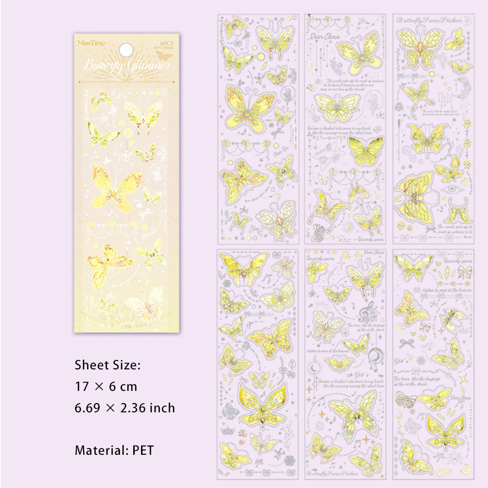 6 Sheet Glitter PET Butterfly Stickers DYLG