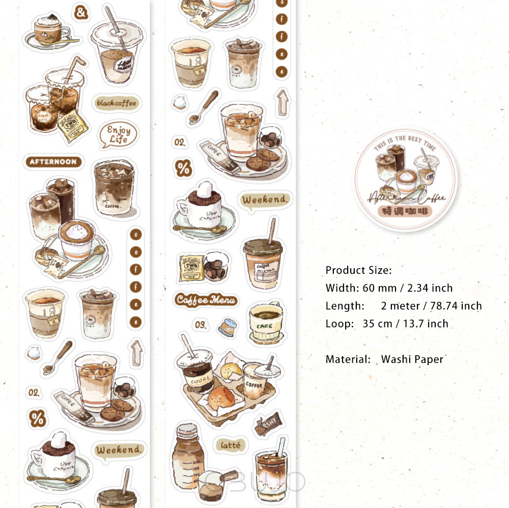 1 Roll Die-cut Coffee Themed PET Stickers Tape KFSJ