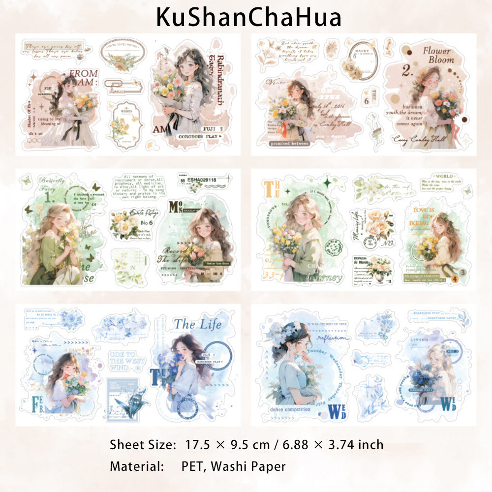 12 Sheets Girl Flower PET and Washi Stickers DFCRQ
