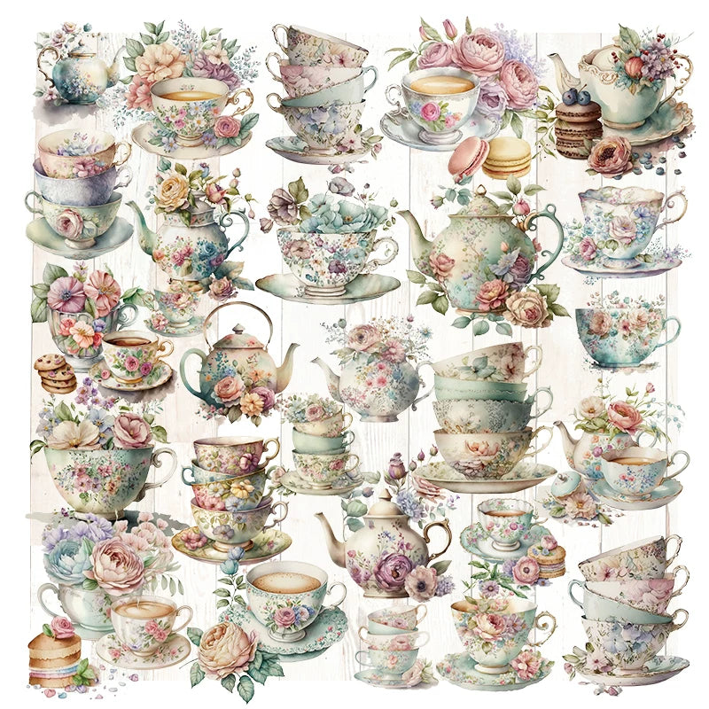 Floral teacup teapot and dessert journaling stickers