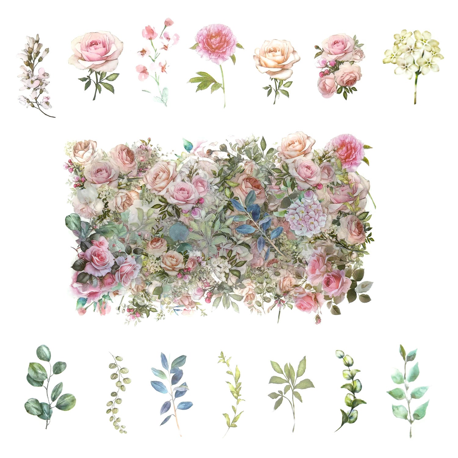 100 Pcs Watercolor Botanical Flowers Stickers - Pink