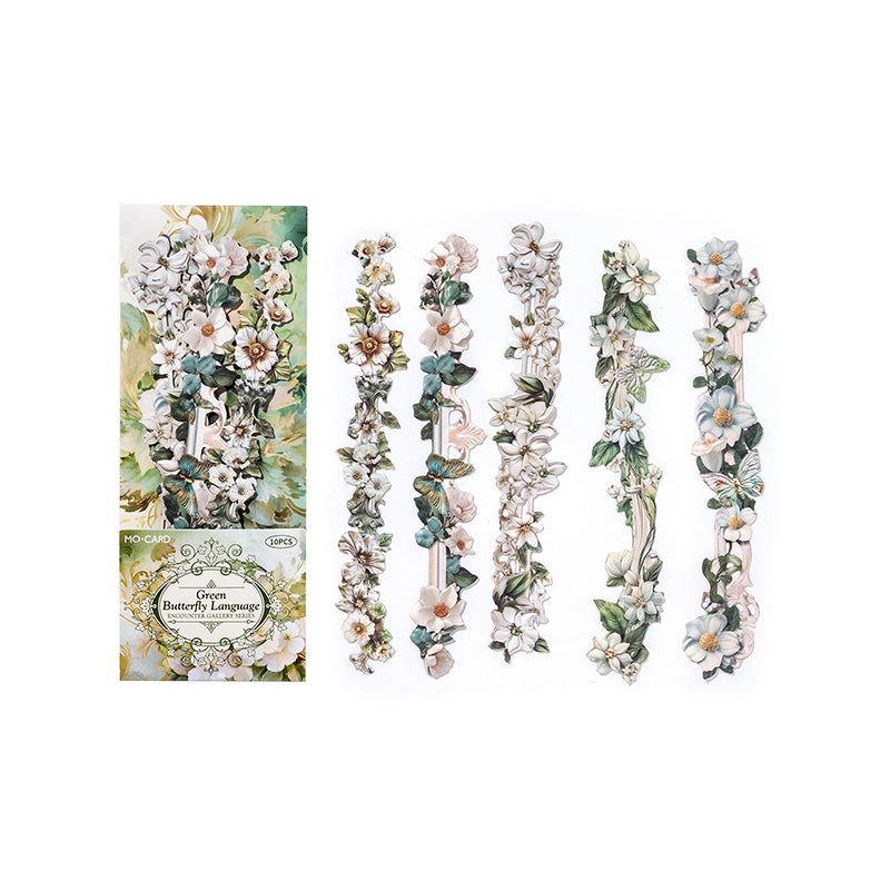 10 Pcs Vintage Baroque Relief Floral Kraft Stickers - Green