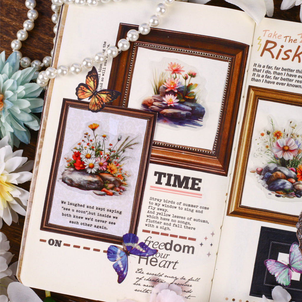 16 Pcs Flower and Stone PET Stickers LJHX