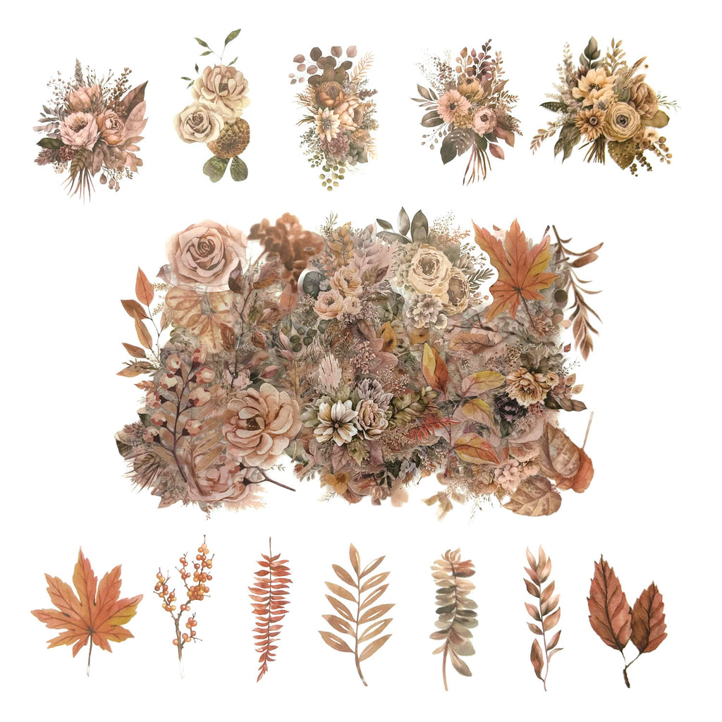100 Pcs Watercolor Botanical Flowers Stickers - Autumn