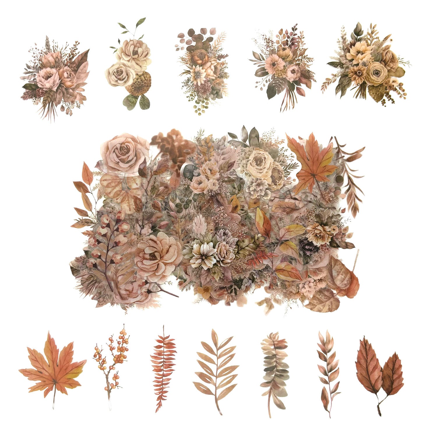100 Pcs Watercolor Botanical Flowers Stickers - Autumn