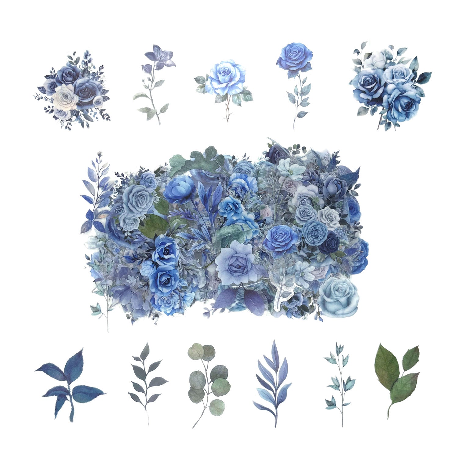 100 Pcs Watercolor Botanical Flowers Stickers - Blue