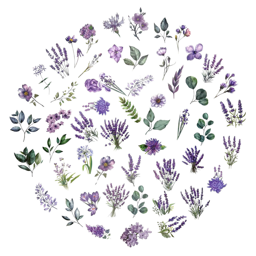 100 Pcs Watercolor Botanical Flowers Stickers - Purple