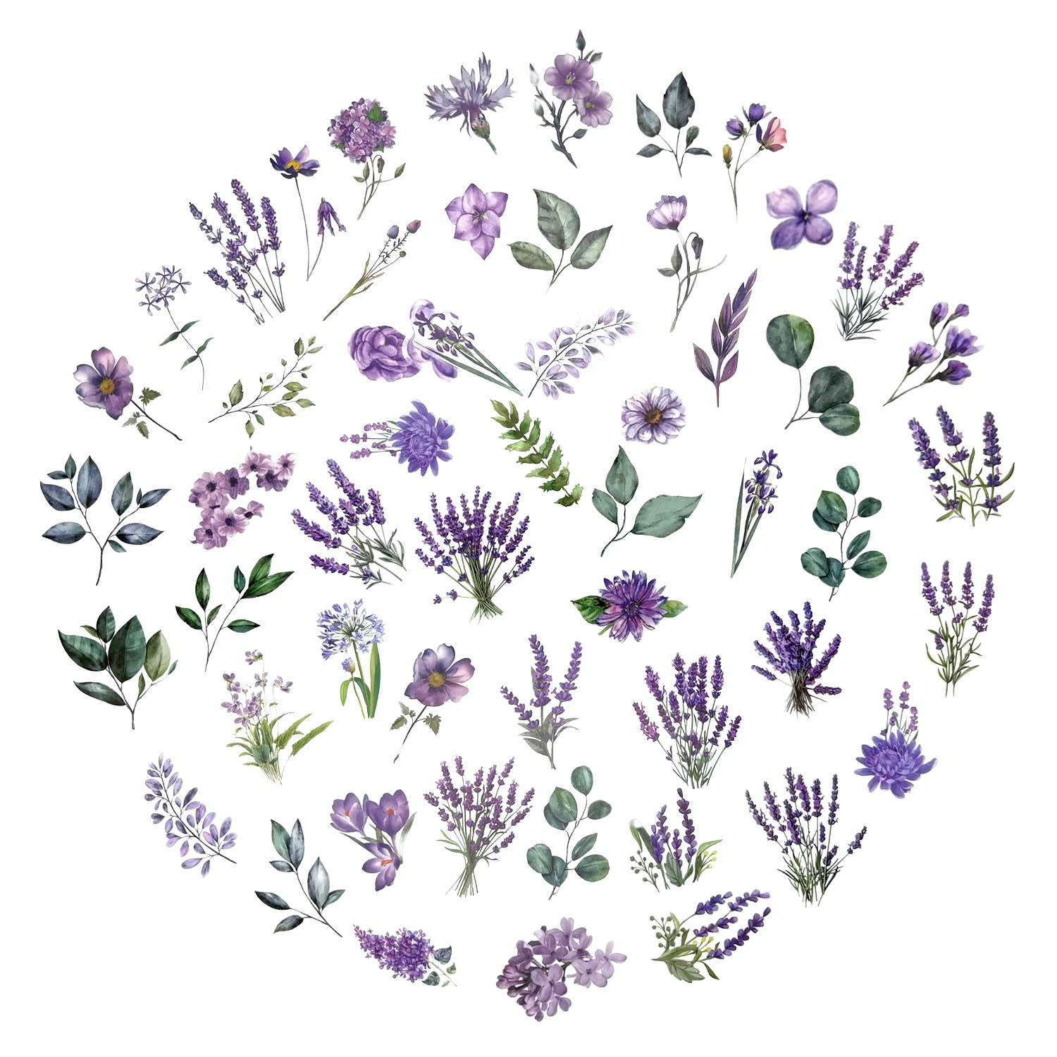 100 Pcs Watercolor Botanical Flowers Stickers - Purple