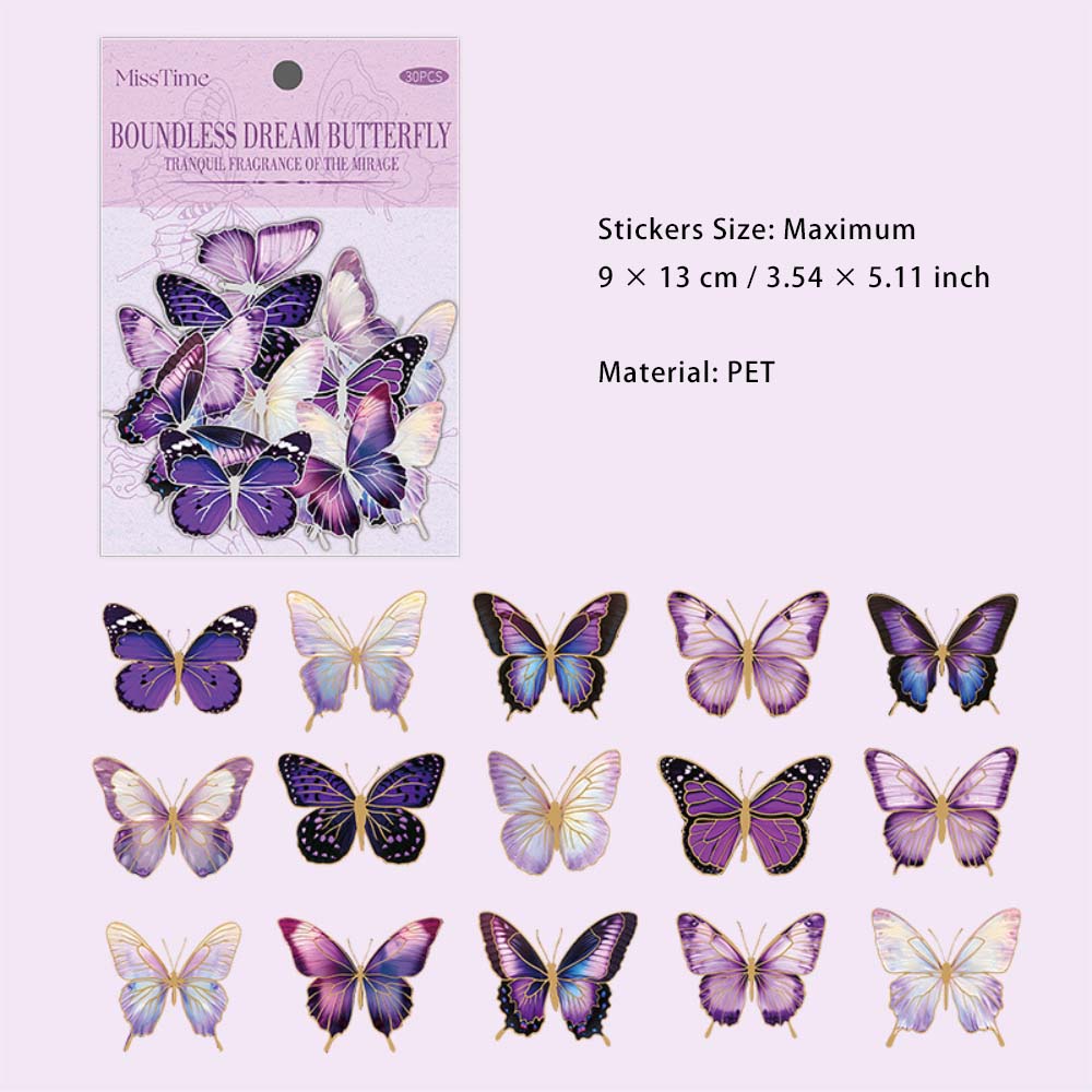 30 Pcs Large Size PET Butterfly Stickers WJMD