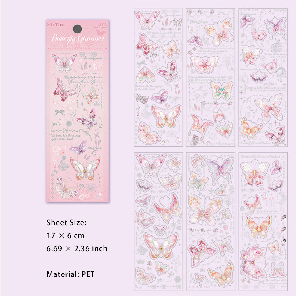 6 Sheet Glitter PET Butterfly Stickers DYLG