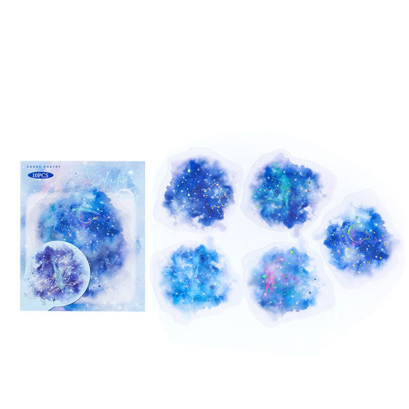 10 Pcs Holographic Silver Alcohol Ink PET Stickers - Galaxy