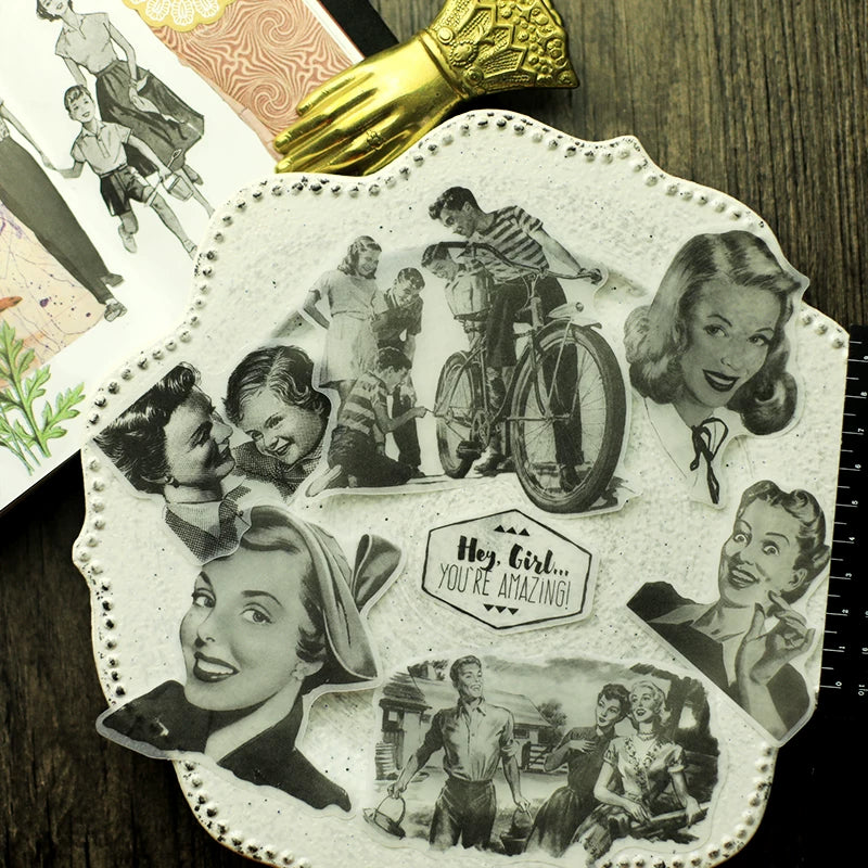 Retro women self adhesive vellum collage stickers